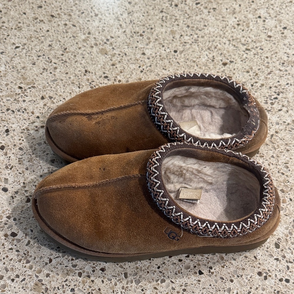 UGG Tan Suede Slippers with Fur Trim